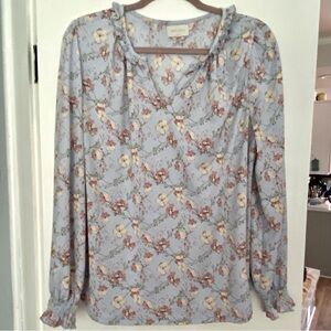 Melloday Women’s Blue, Floral, Long Sleeve, V-Neck Blouse Plus Size XL